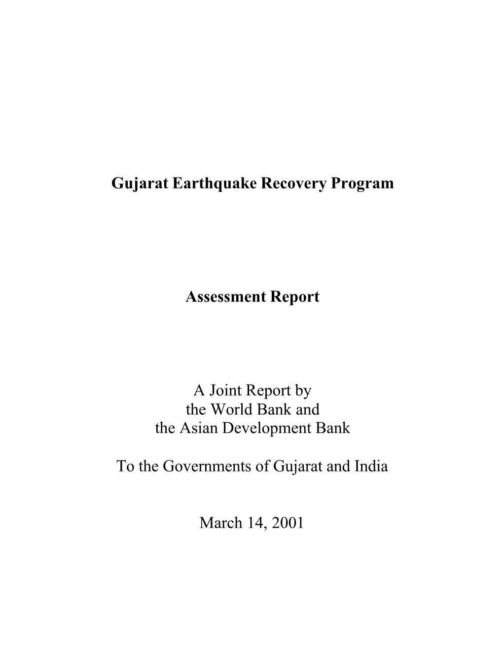 Gujarat Earthquake Recovery Program Assessment Report A