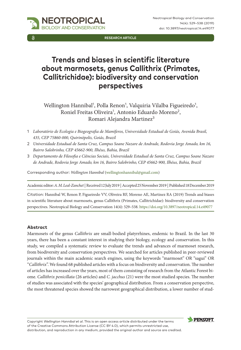 ﻿Trends and Biases in Scientific Literature About Marmosets, Genus