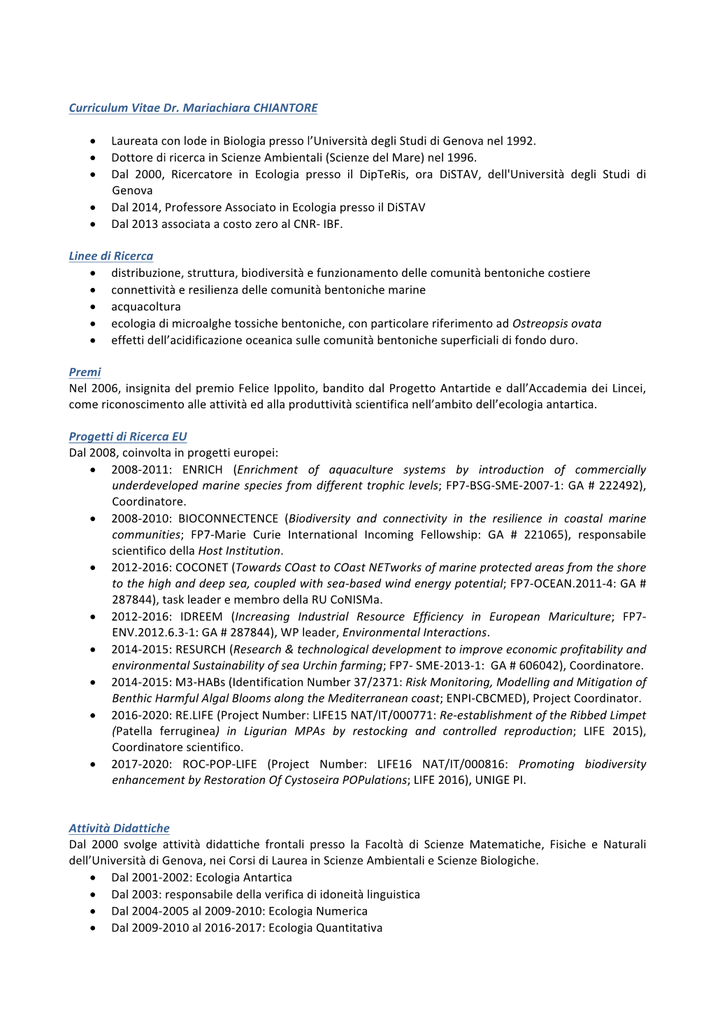 Curriculum Vitae Dr. Mariachiara CHIANTORE • Laureata Con Lode In