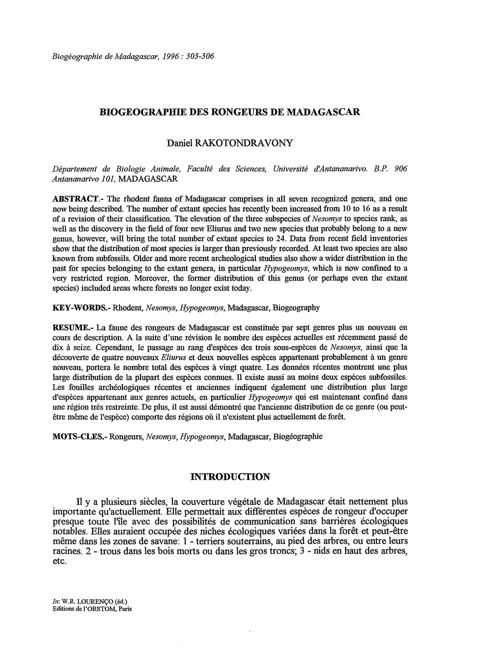 Biogéographie Des Rongeurs De Madagascar