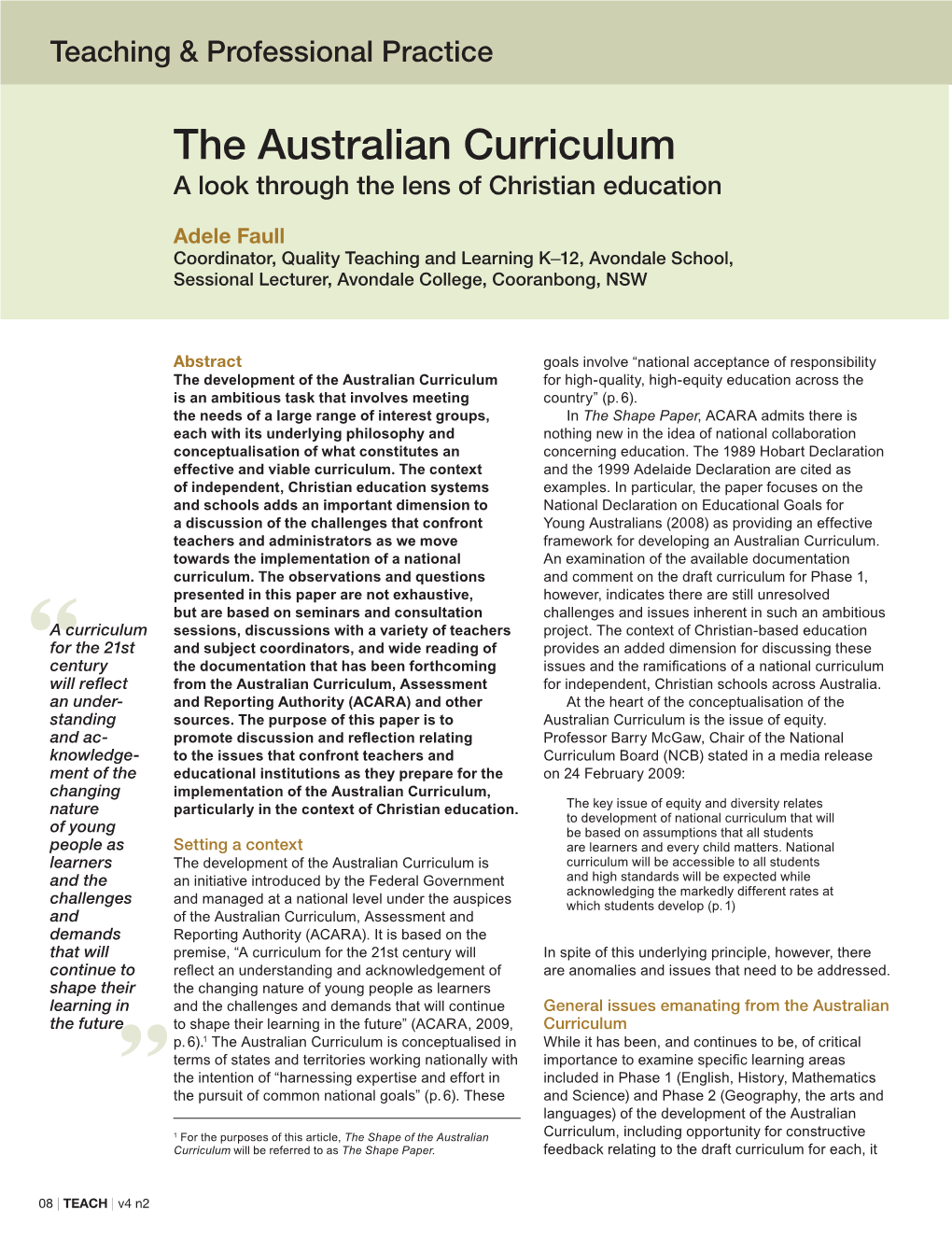 The Australian Curriculum a Look Through the Lens of Christian Education