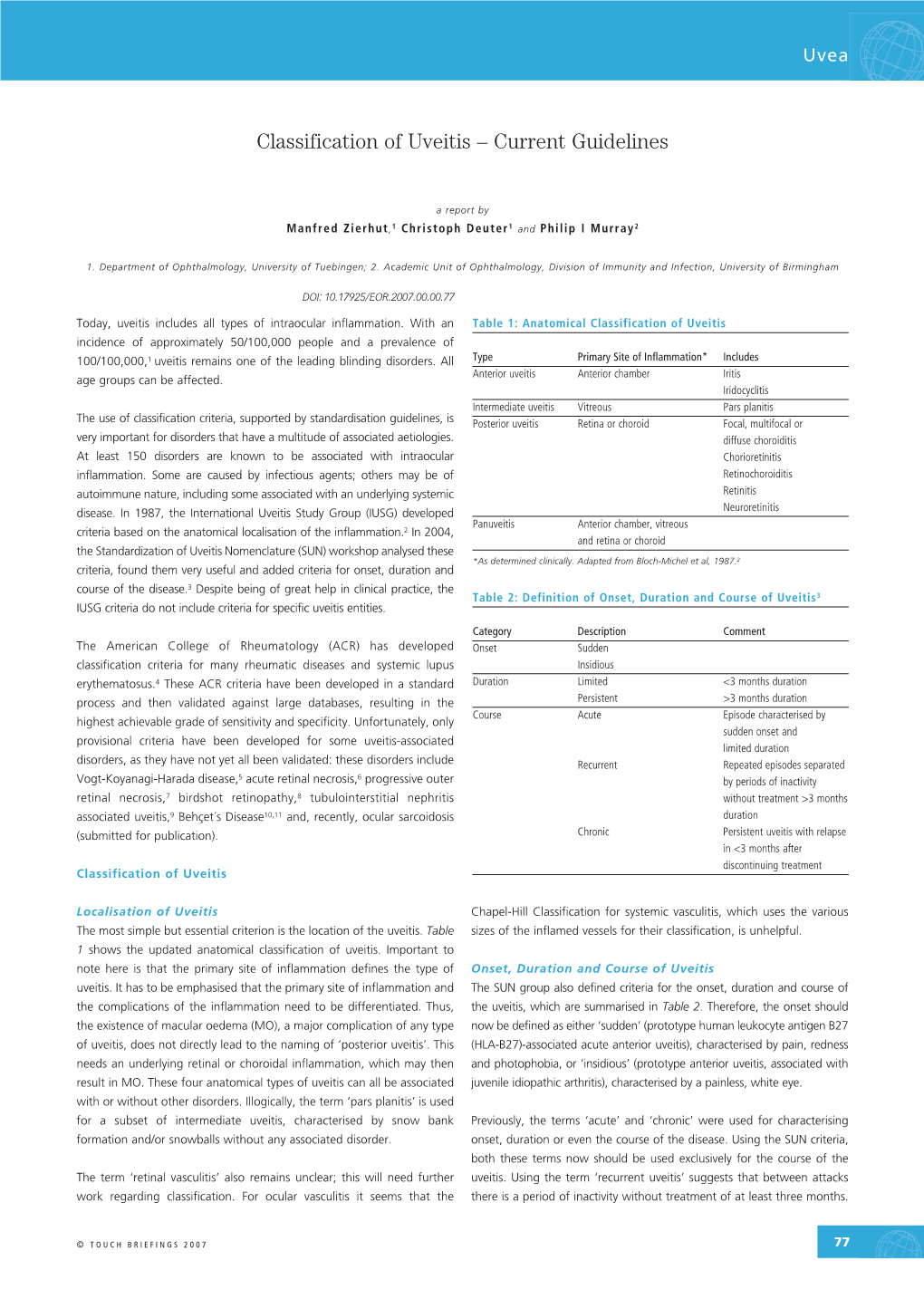 Classification of Uveitis – Current Guidelines