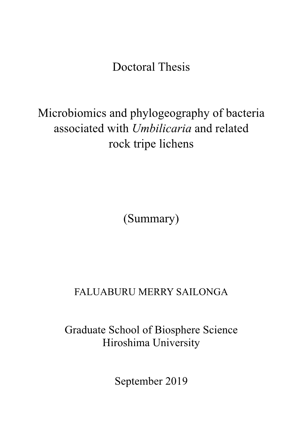 Doctoral Thesis Microbiomics and Phylogeography of Bacteria