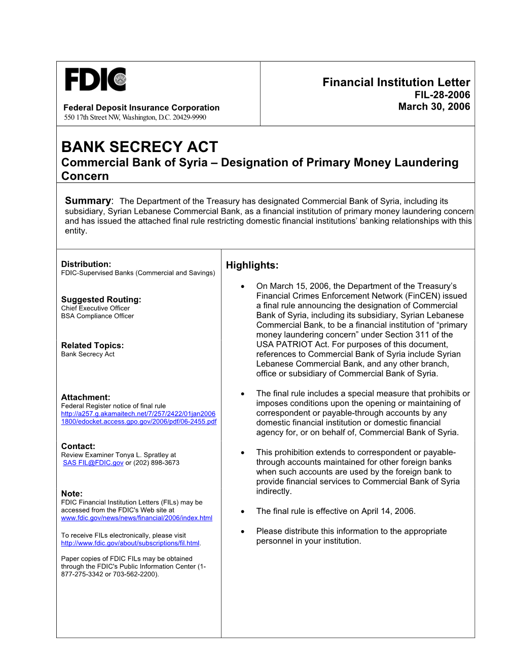 BANK SECRECY ACT Commercial Bank of Syria – Designation of Primary Money Laundering Concern