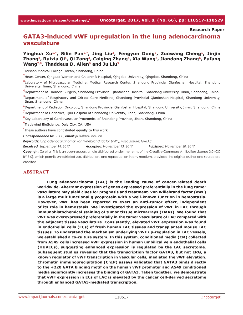 GATA3-Induced Vwf Upregulation in the Lung Adenocarcinoma Vasculature