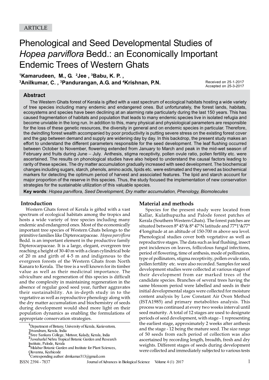 Hopea Parviflora Bedd.: an Economically Important Endemic Trees of Western Ghats 1Kamarudeen, M., G