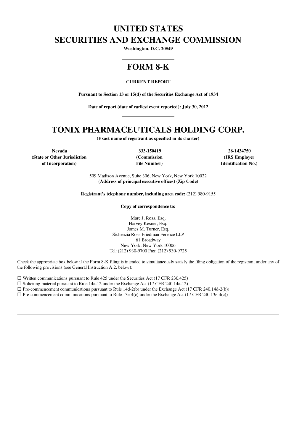 United States Securities and Exchange Commission Form