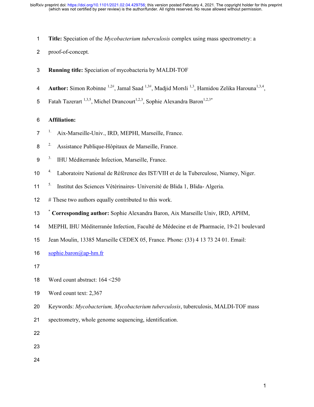 Speciation of the Mycobacterium Tuberculosis Complex Using Mass Spectrometry: A