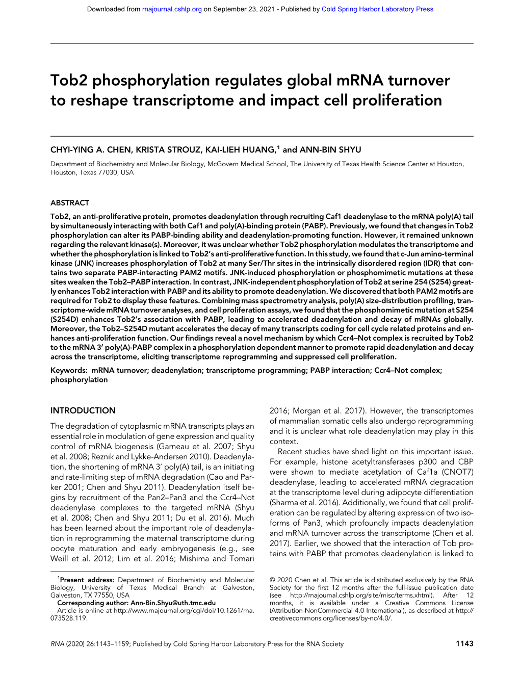 Tob2 Phosphorylation Regulates Global Mrna Turnover to Reshape Transcriptome and Impact Cell Proliferation