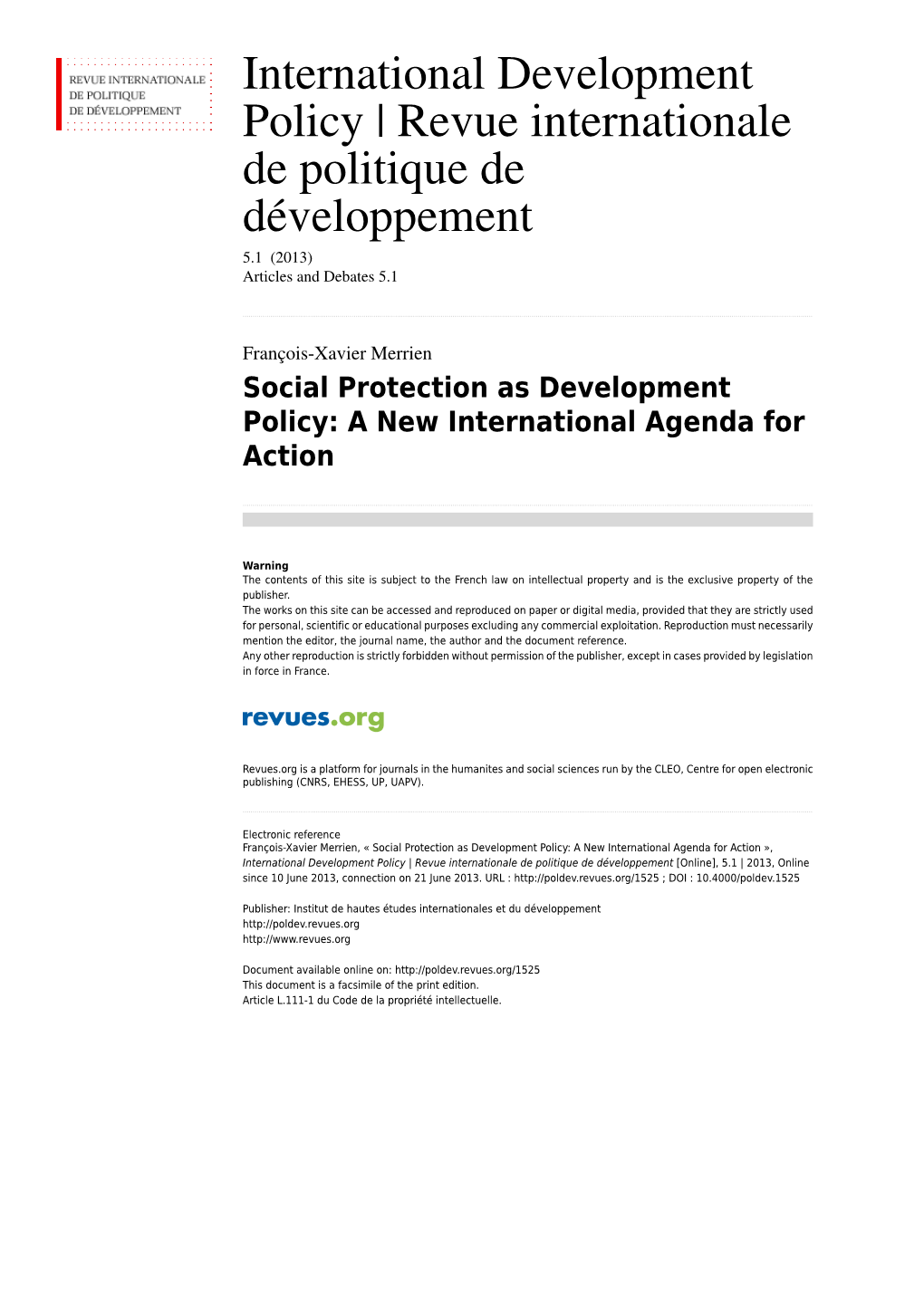 Social Protection As Development Policy: a New International Agenda for Action