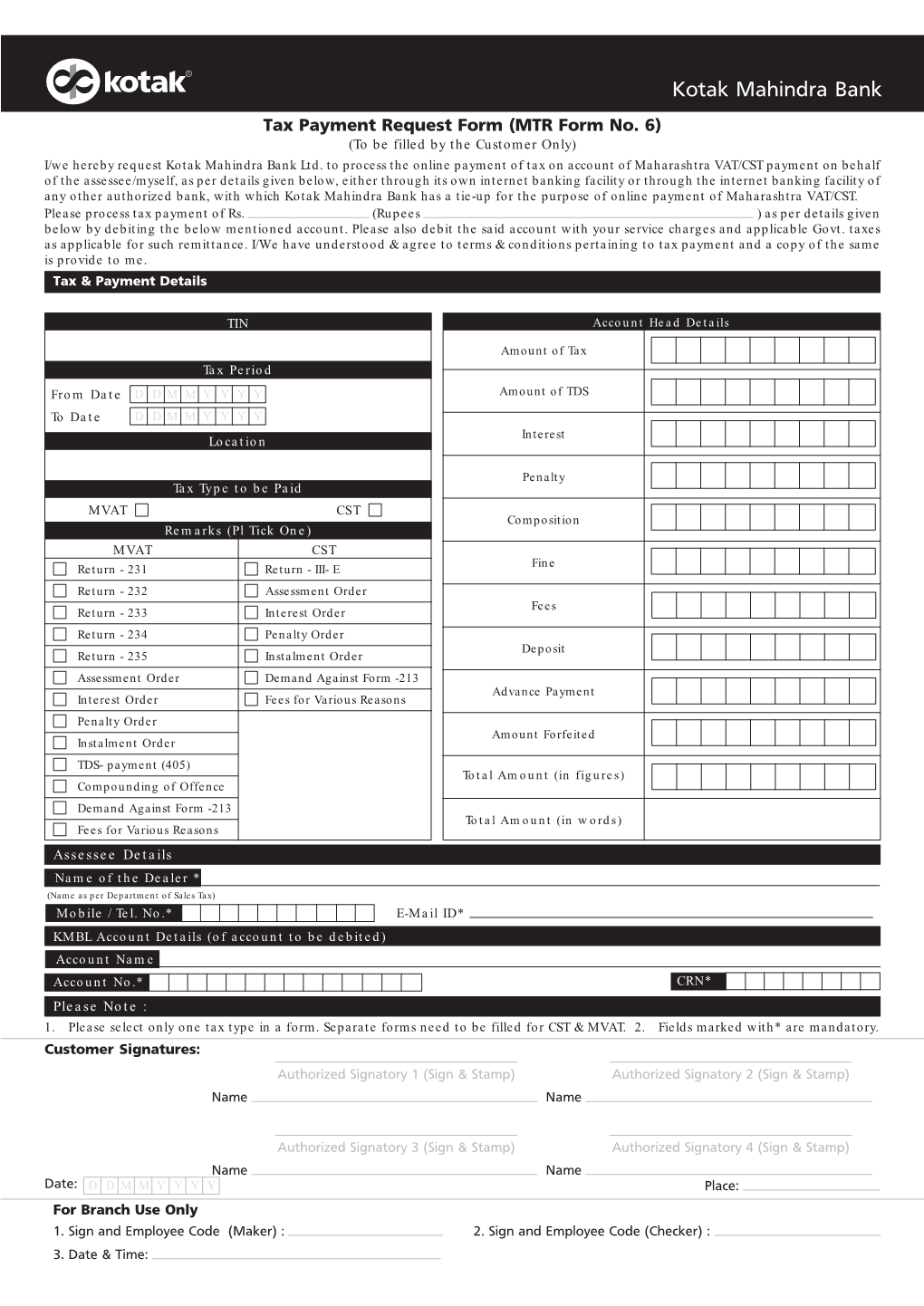 Kotak Mahindra Bank Tax Payment Request Form (MTR Form No