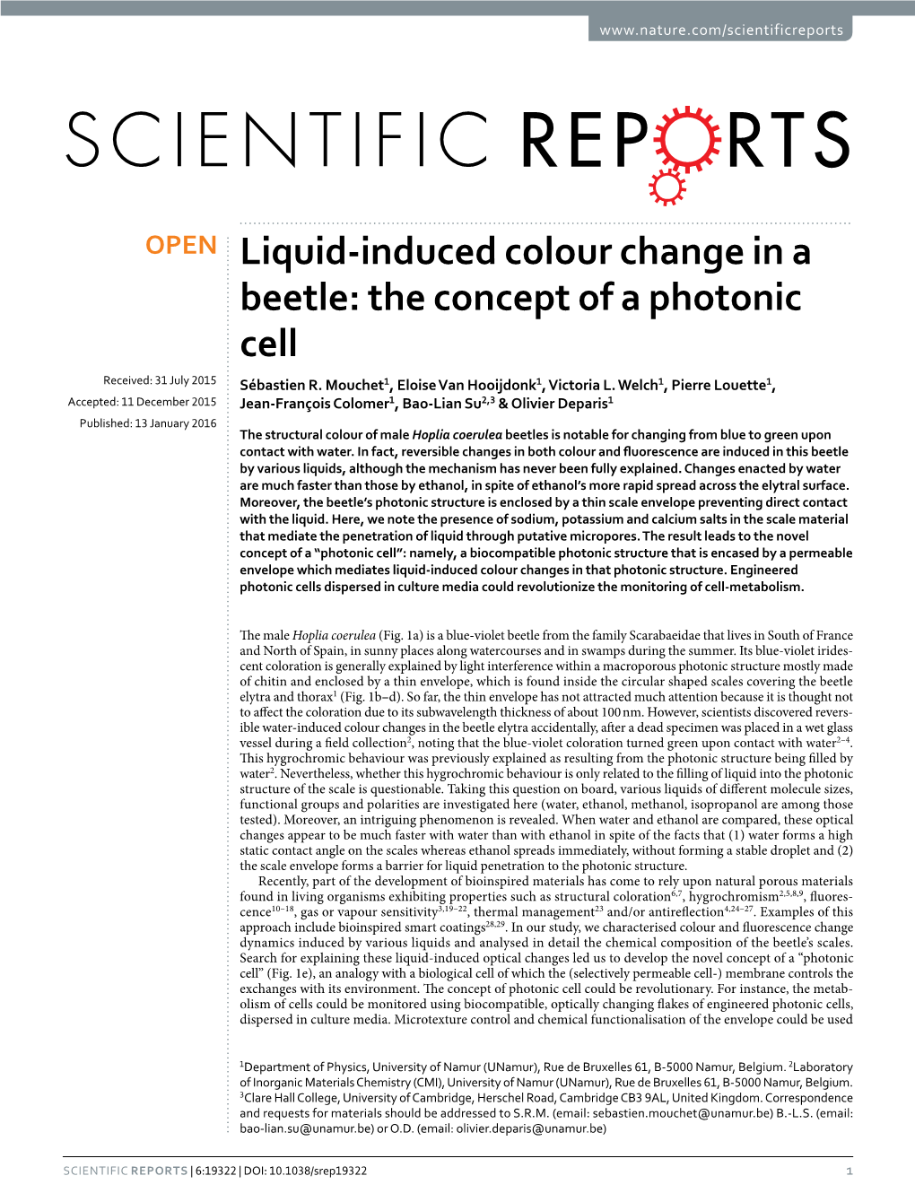 Liquid-Induced Colour Change in a Beetle: the Concept of a Photonic Cell Received: 31 July 2015 Sébastien R