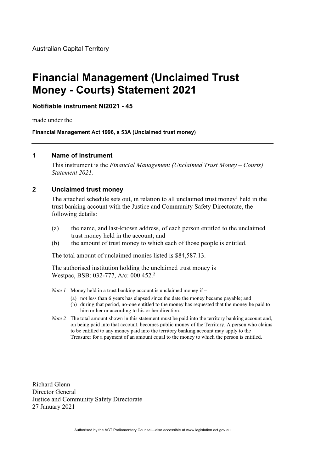 Financial Management (Unclaimed Trust Money - Courts) Statement 2021