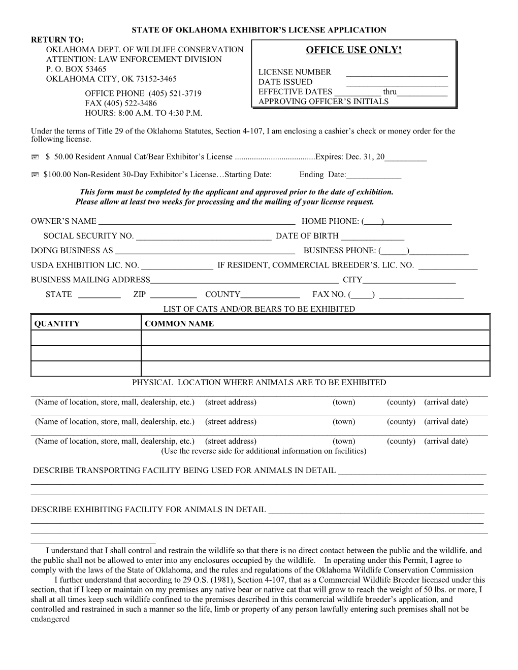 State of Oklahoma Exhibitor S License Application