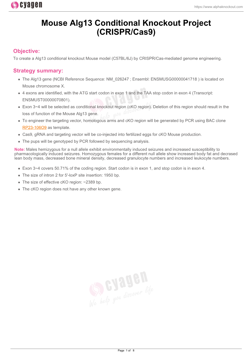 Mouse Alg13 Conditional Knockout Project (CRISPR/Cas9)