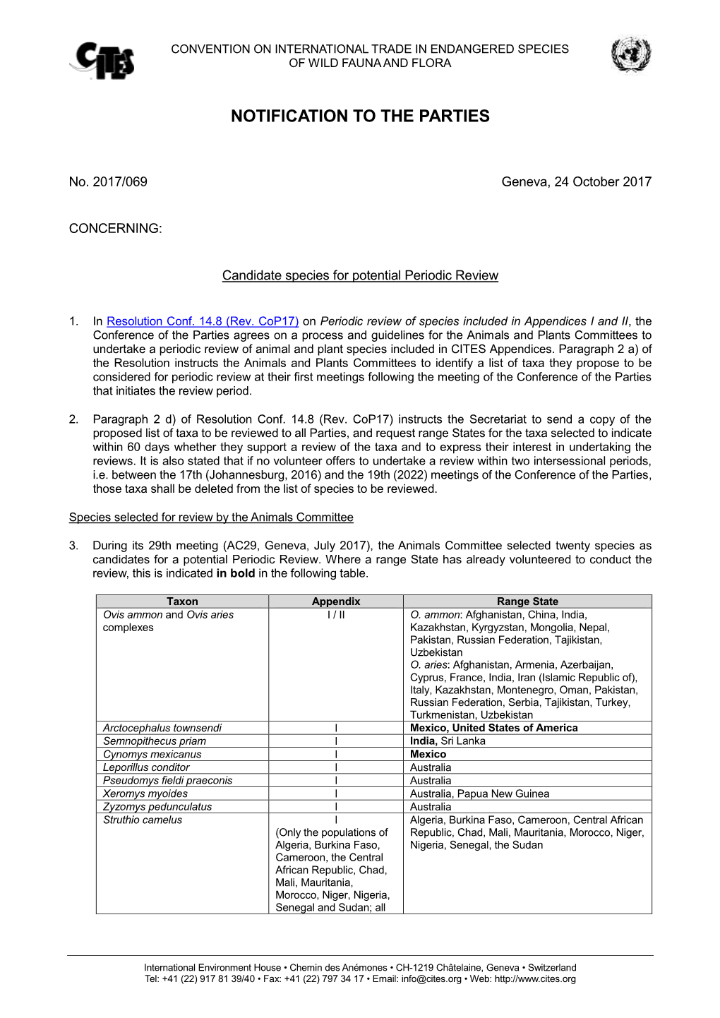 Notification to the Parties No. 2017