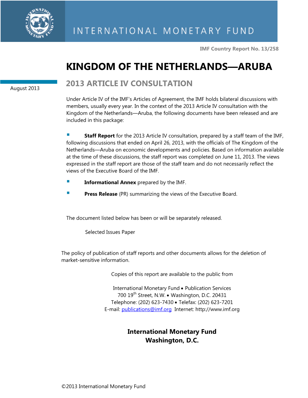 Kingdom of the Netherlands--Aruba: 2013 Article IV Consultation