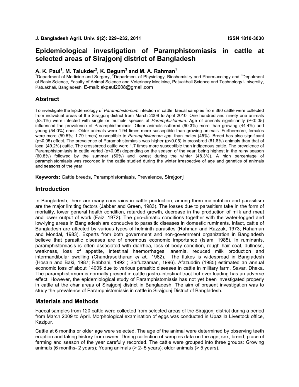 Epidemiological Investigation of Paramphistomiasis in Cattle at Selected Areas of Sirajgonj District of Bangladesh