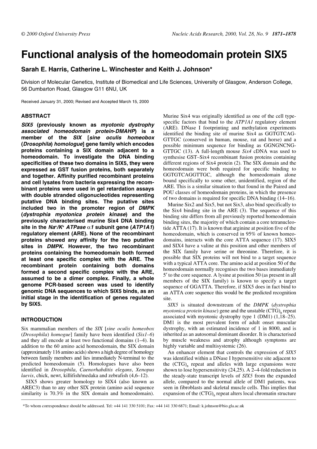 Functional Analysis of the Homeodomain Protein SIX5 Sarah E
