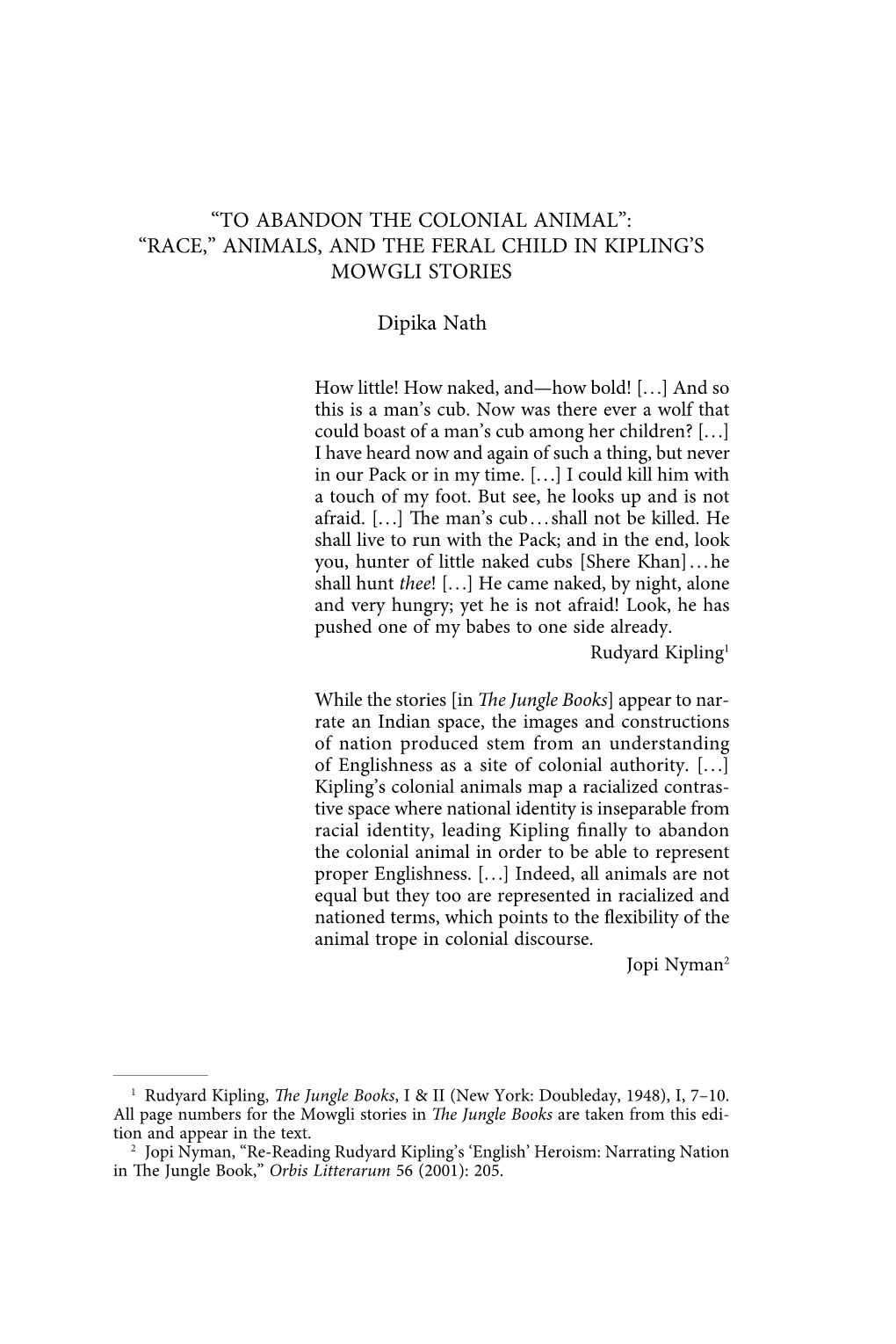 “Race,” Animals, and the Feral Child in Kipling's Mowgli