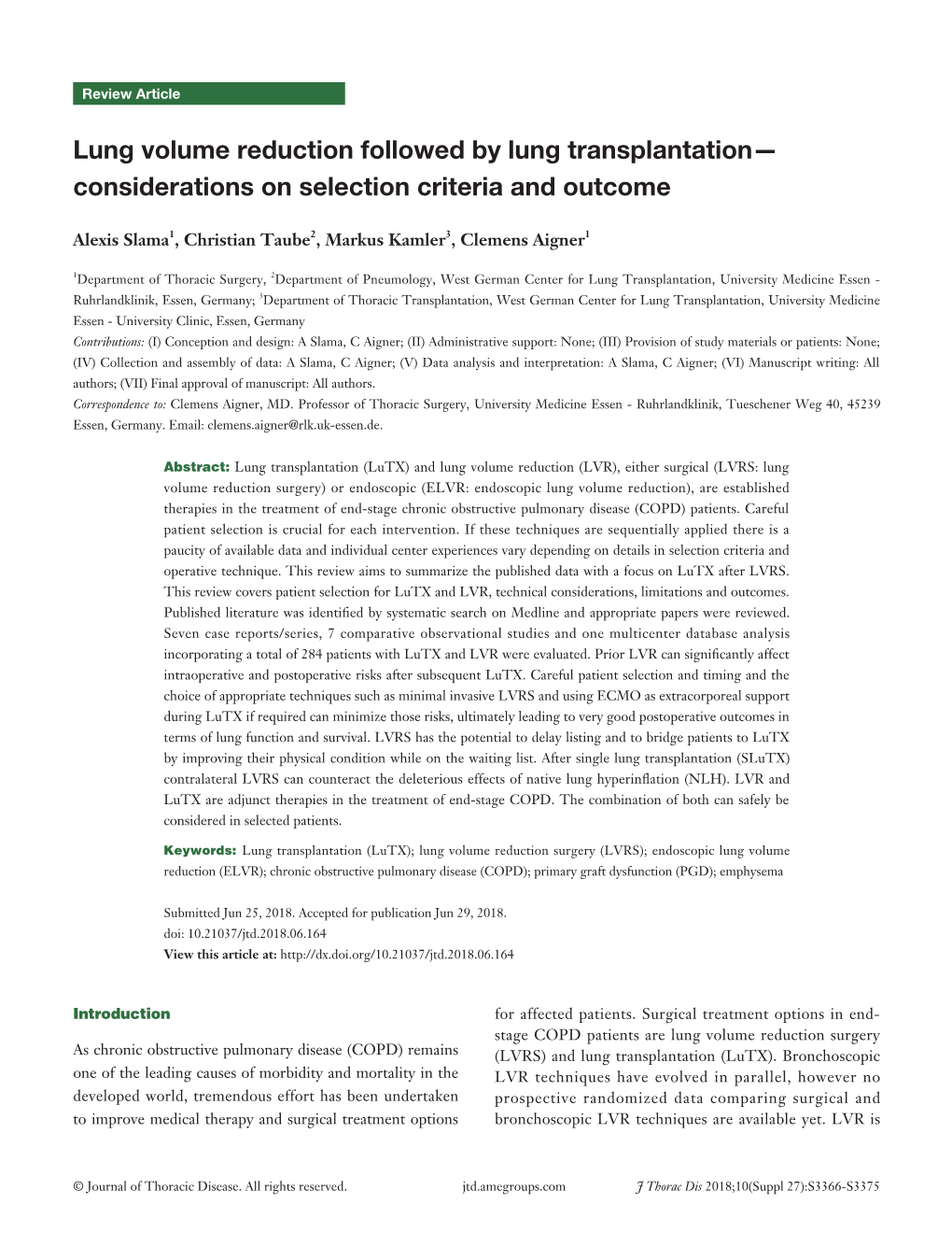 Lung Volume Reduction Followed by Lung Transplantation— Considerations on Selection Criteria and Outcome