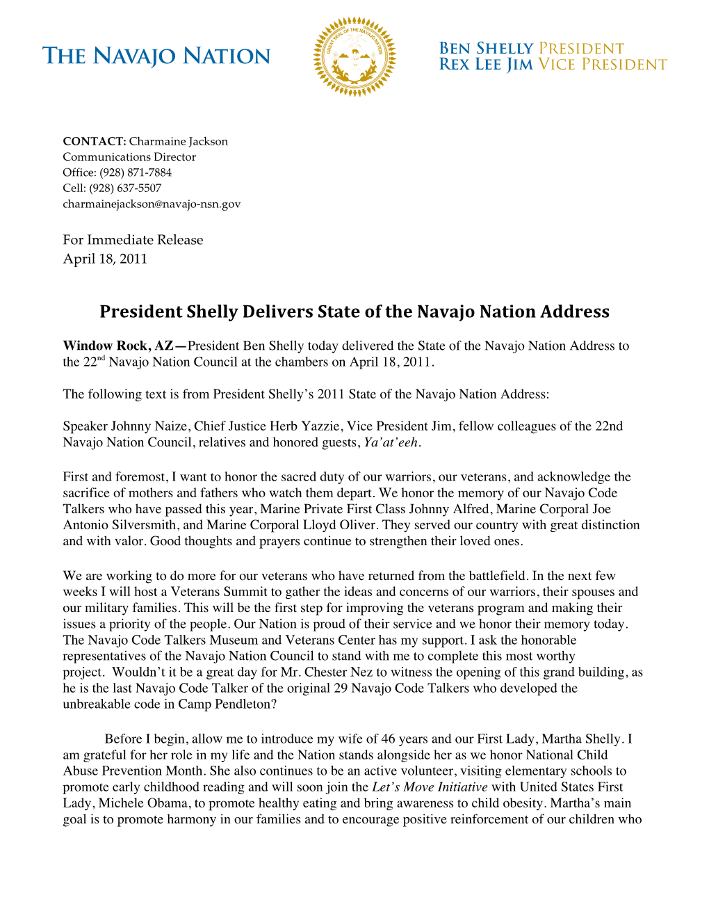 President Shelly Delivers State of the Navajo Nation Address