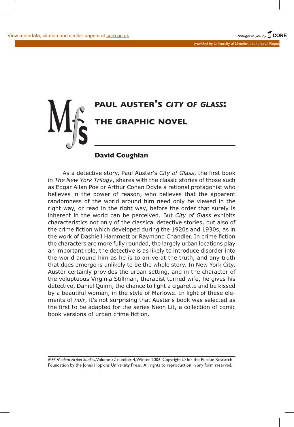 PAUL AUSTER 'S City of Glass the GRAPHIC NOVEL