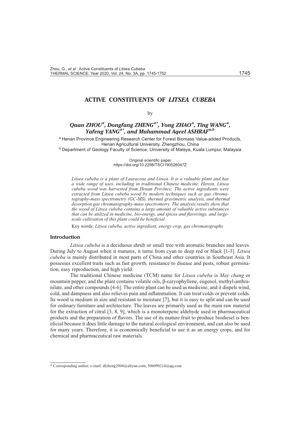 Active Constituents of Litsea Cubeba THERMAL SCIENCE: Year 2020, Vol