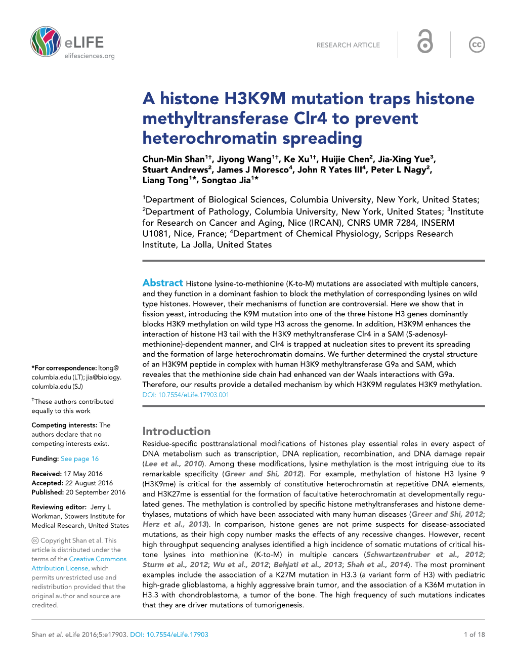 A Histone H3K9M Mutation Traps Histone Methyltransferase Clr4 to Prevent Heterochromatin Spreading