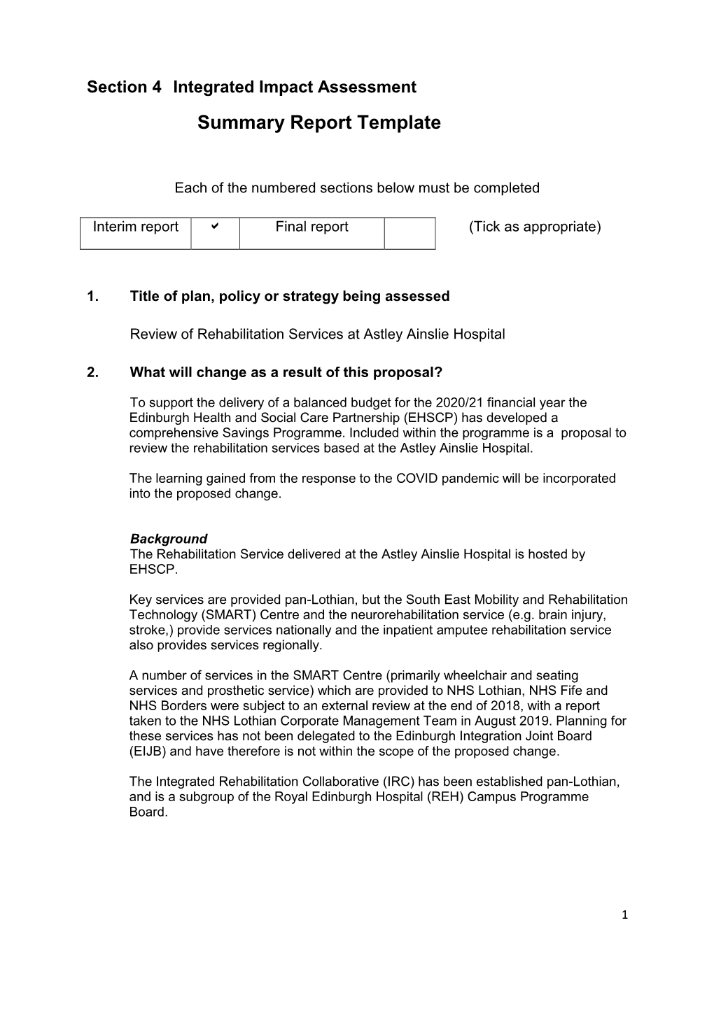 IIA – Review of Rehabilitation Services at Astley Ainslie Hospital