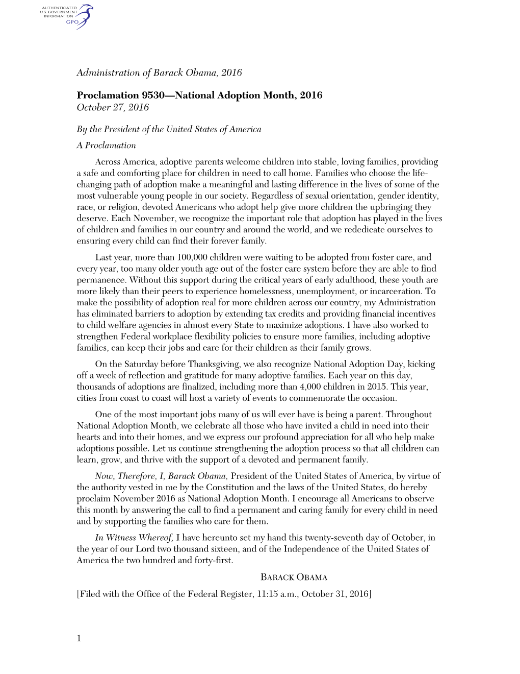 Administration of Barack Obama, 2016 Proclamation 9530—National