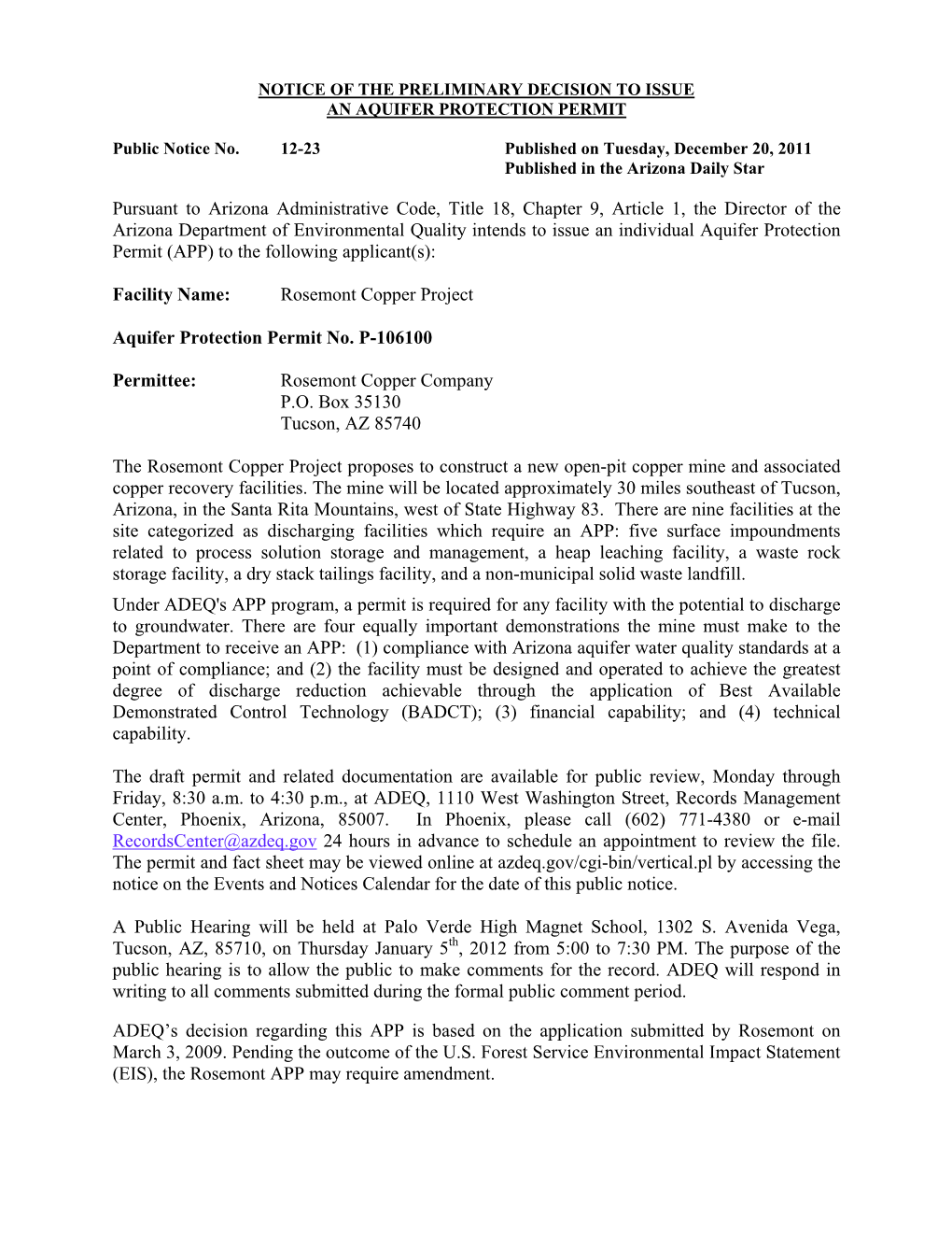 PUBLIC NOTICE: Water Quality Division: Ground Water Section: Rosemont Copper Project: Aquifer Protection Permit (APP) #106100