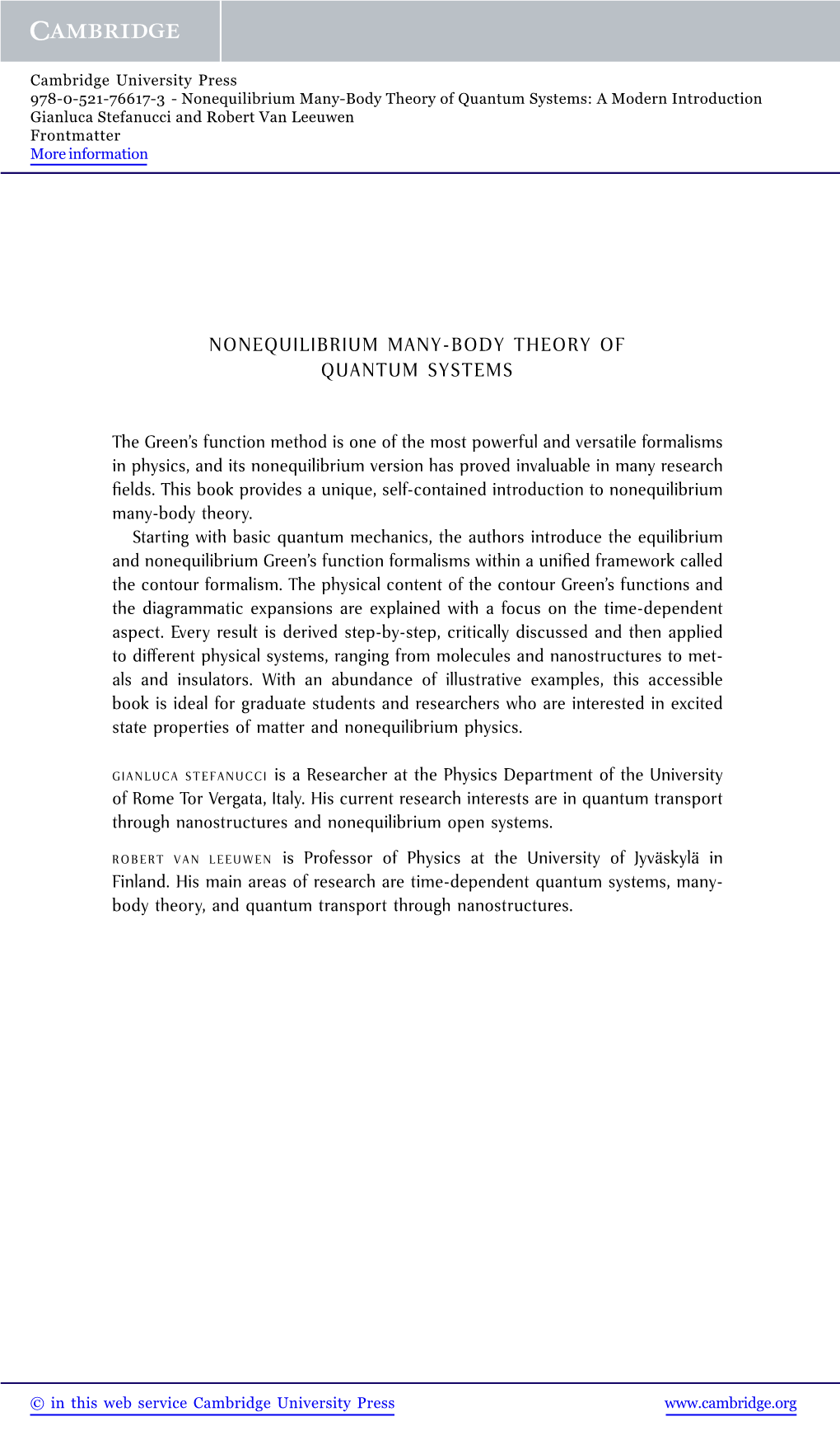 Nonequilibrium Many-Body Theory of Quantum Systems: a Modern Introduction Gianluca Stefanucci and Robert Van Leeuwen Frontmatter More Information