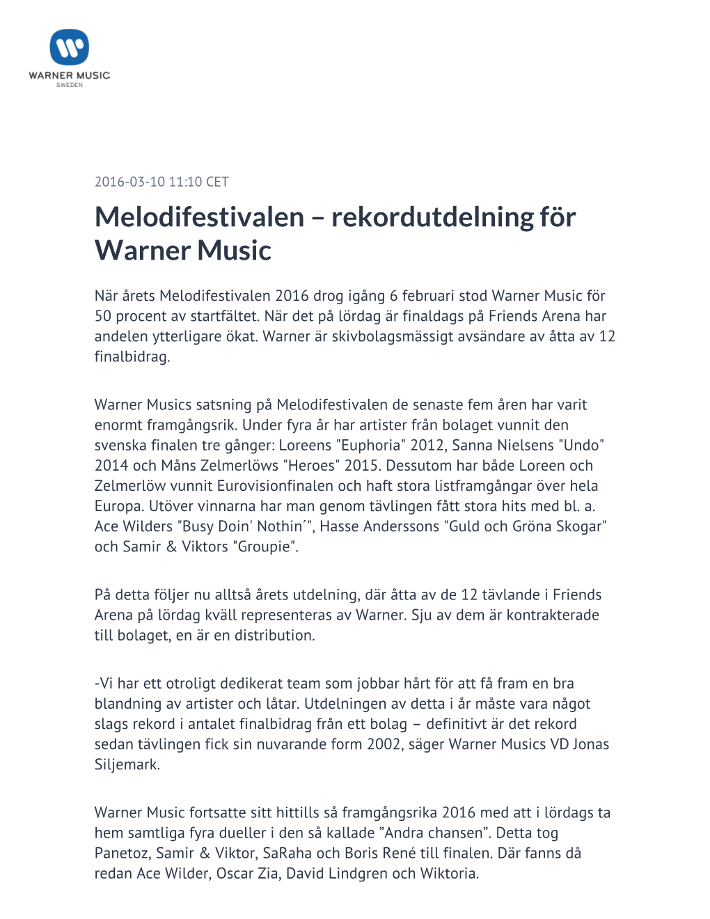 Melodifestivalen – Rekordutdelning För Warner Music