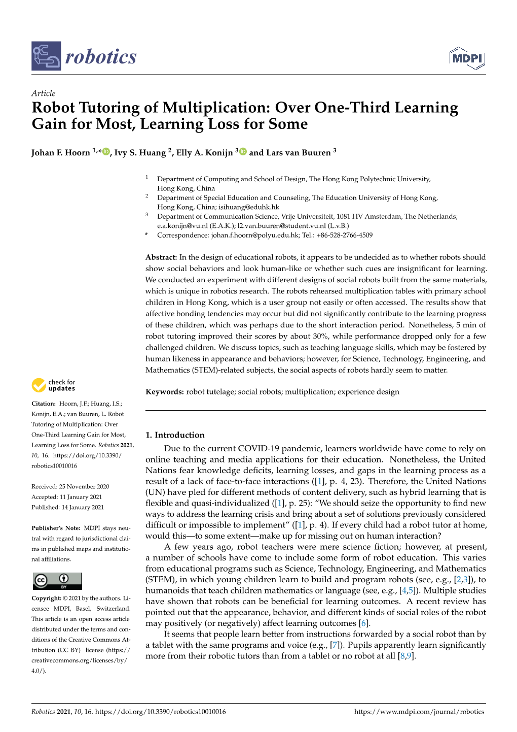 Robot Tutoring of Multiplication: Over One-Third Learning Gain for Most, Learning Loss for Some