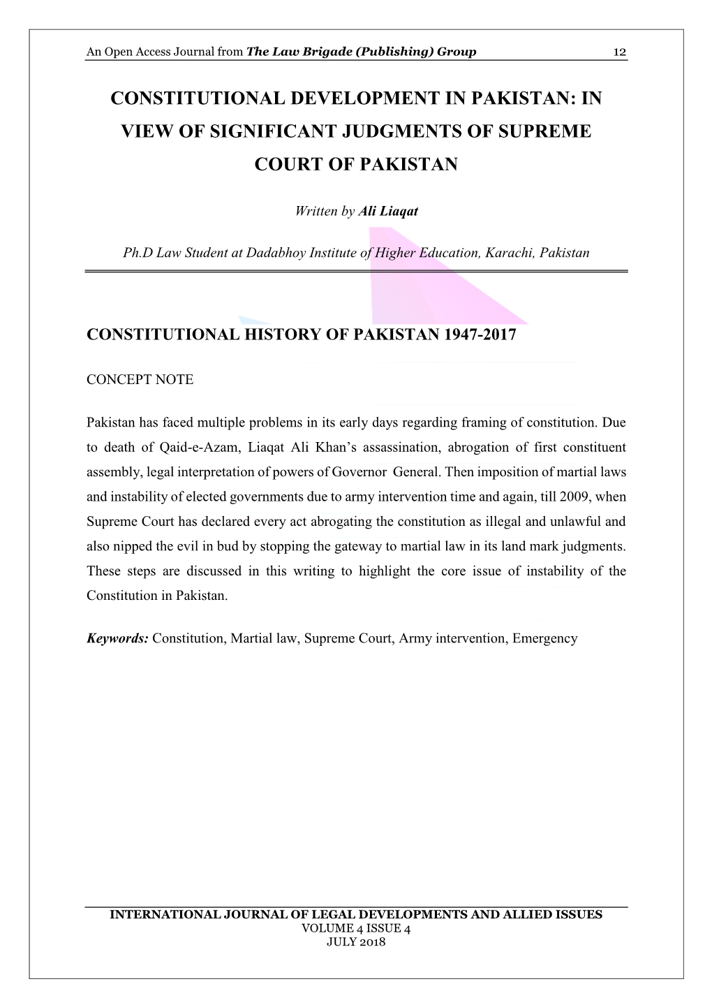 Constitutional Development in Pakistan: in View of Significant Judgments of Supreme Court of Pakistan