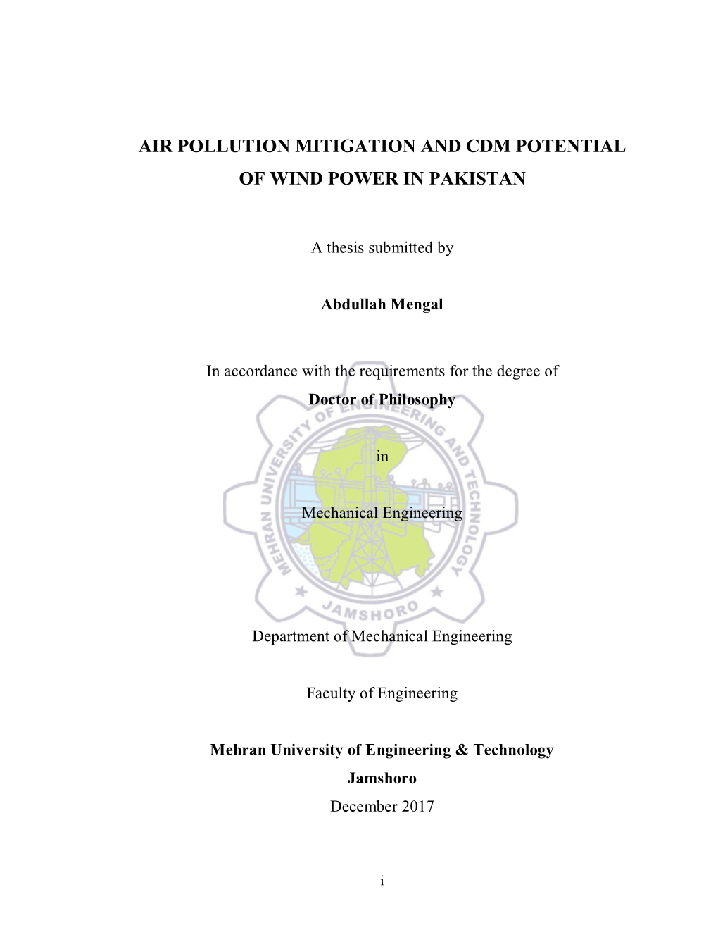 Air Pollution Mitigation and Cdm Potential of Wind Power in Pakistan