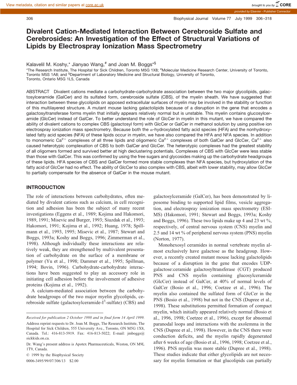 Divalent Cation-Mediated Interaction Between Cerebroside Sulfate And