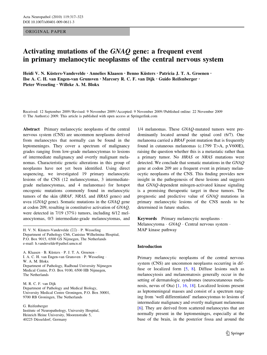 Activating Mutations of the GNAQ Gene: a Frequent Event in Primary Melanocytic Neoplasms of the Central Nervous System