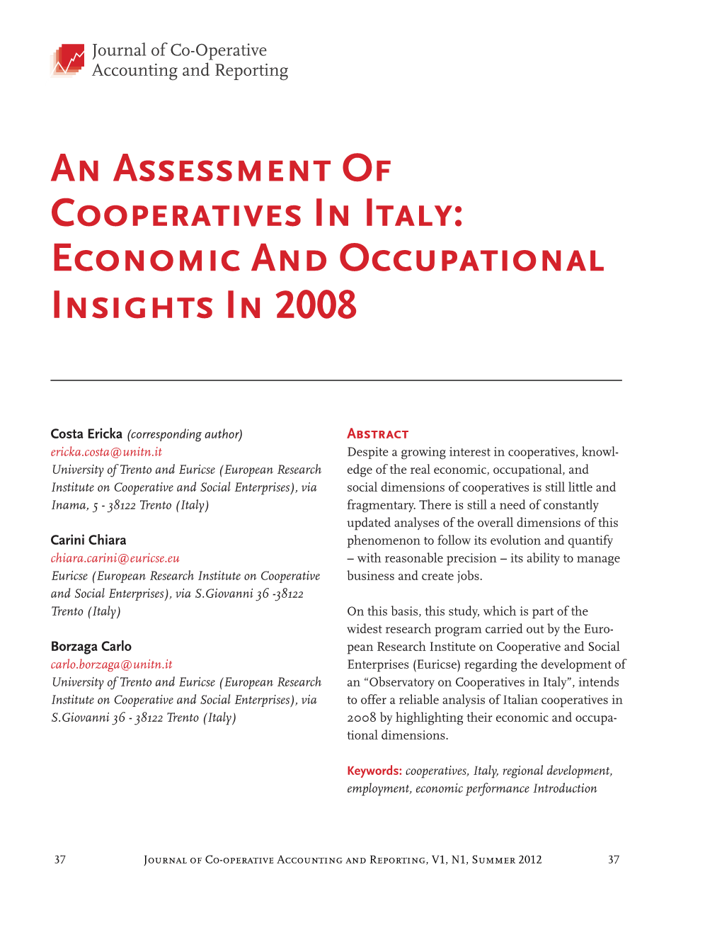 An Assessment of Cooperatives in Italy: Economic and Occupational