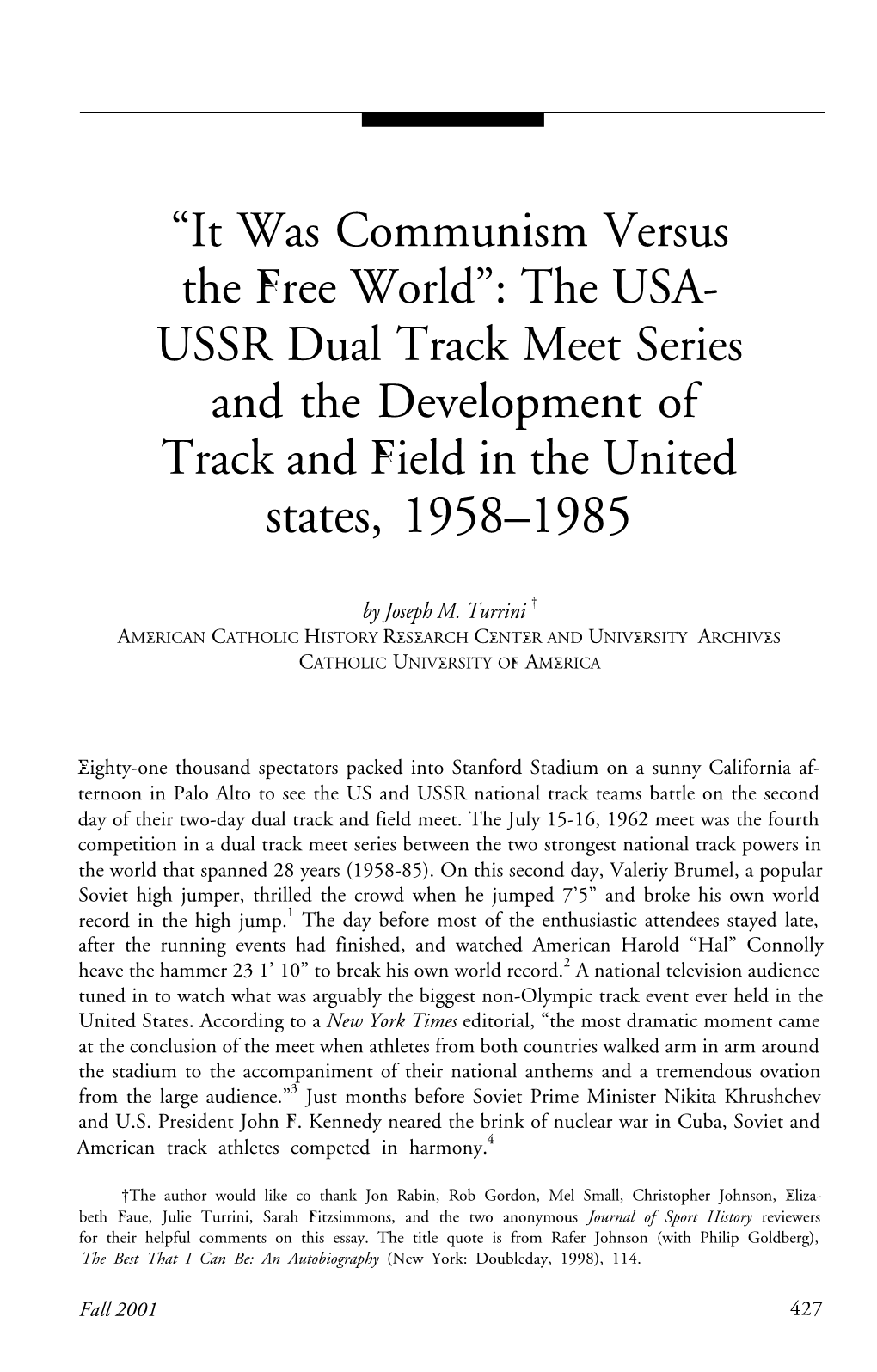 It Was Communism Versus the Free World”: the USA- USSR Dual Track Meet Series and the Development of Track and Field in the United States, 1958–1985