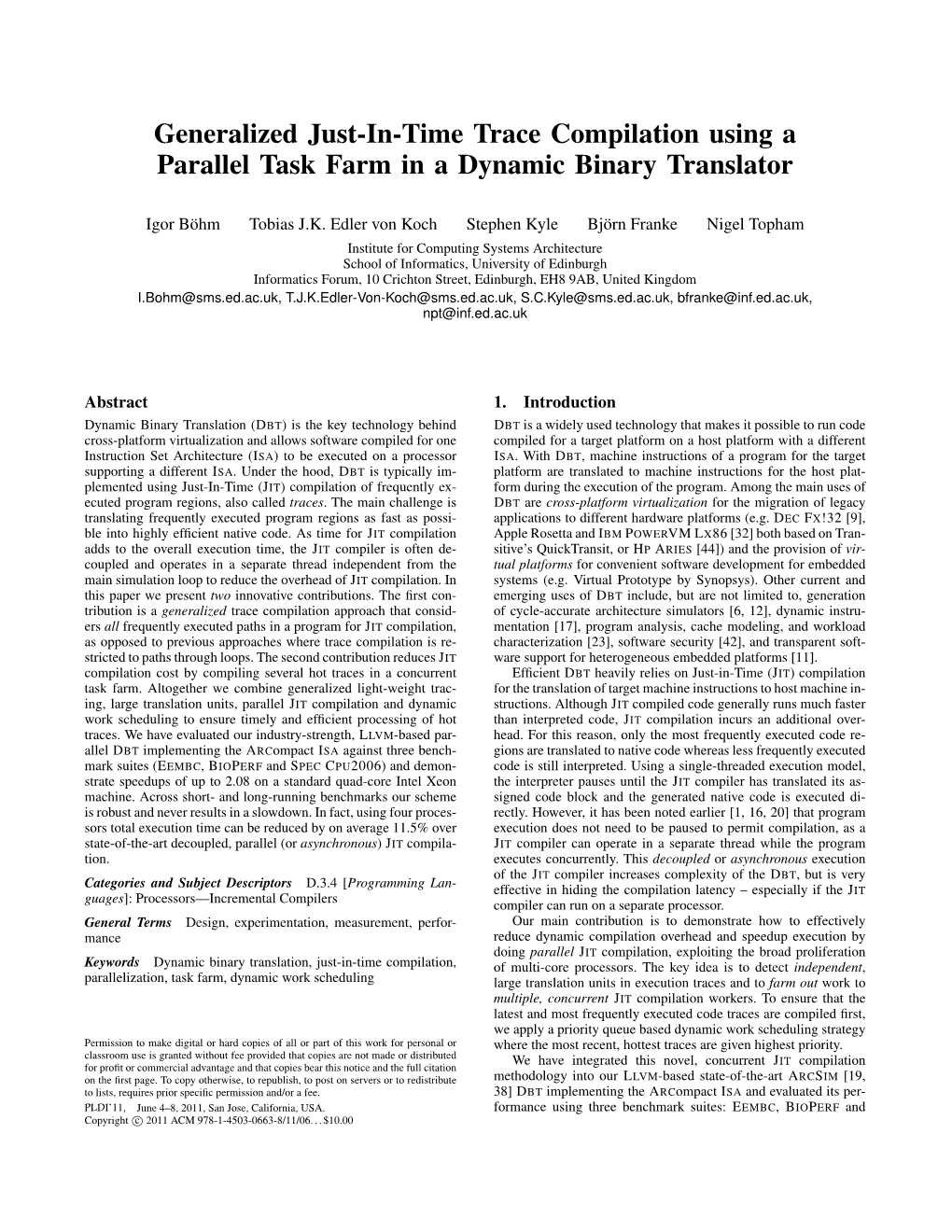 Generalized Just-In-Time Trace Compilation Using a Parallel Task Farm in a Dynamic Binary Translator