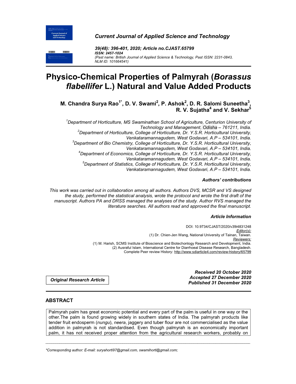 Physico-Chemical Properties of Palmyrah (Borassus Flabellifer L.) Natural and Value Added Products