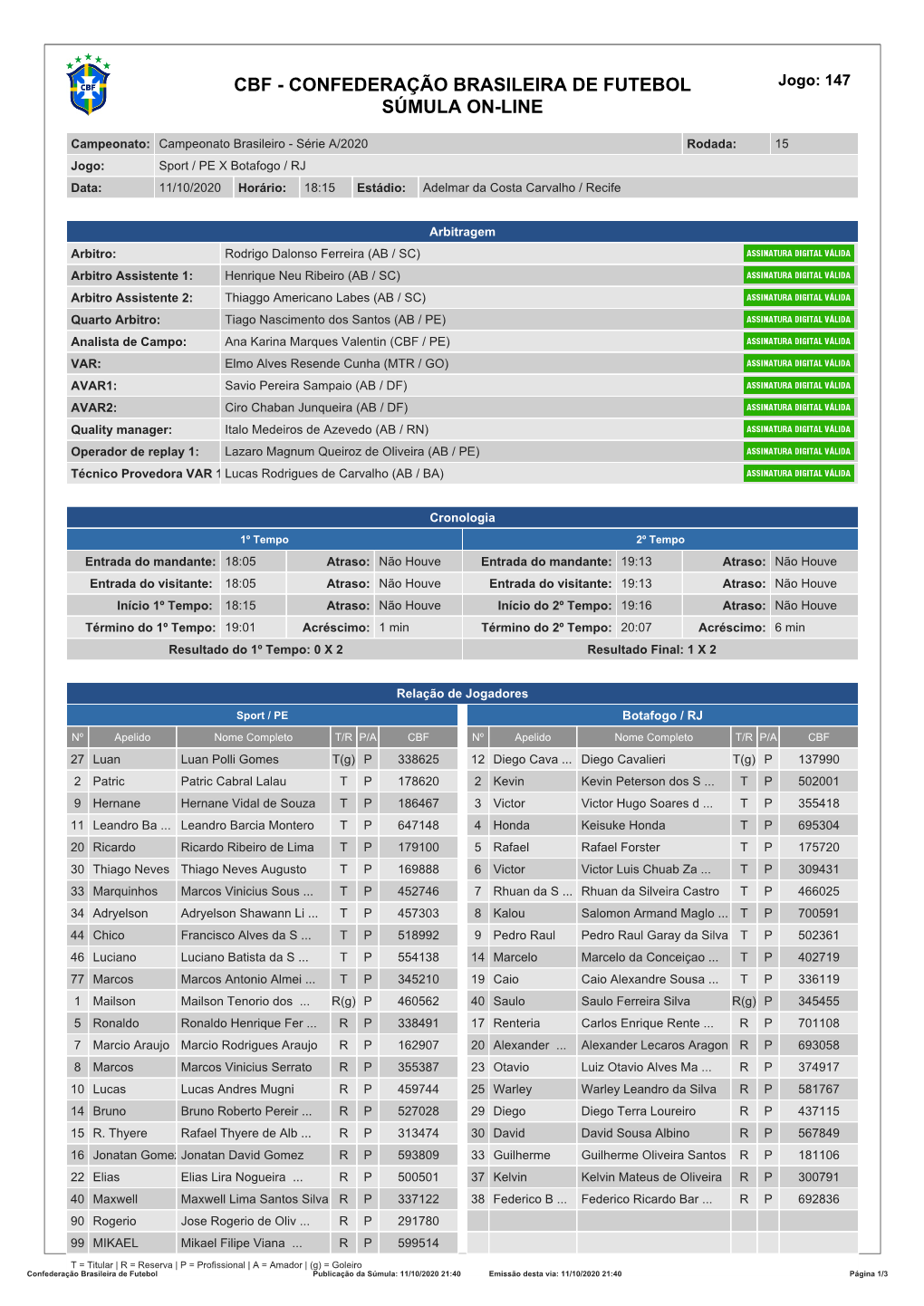 CBF - CONFEDERAÇÃO BRASILEIRA DE FUTEBOL Jogo: 147 SÚMULA ON-LINE