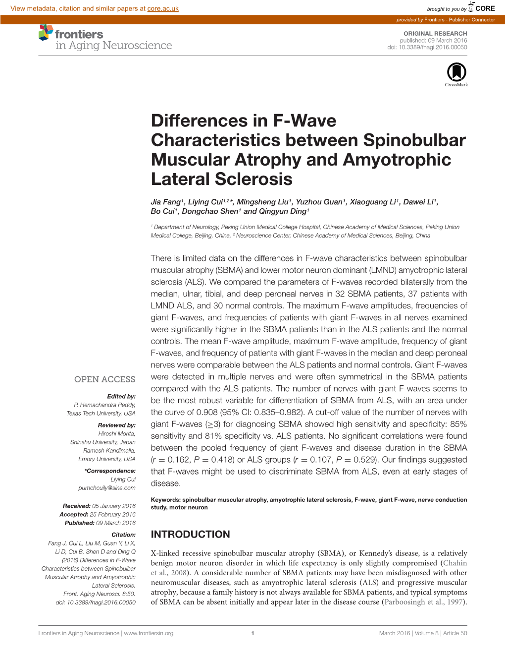 Differences in F-Wave Characteristics Between Spinobulbar Muscular Atrophy and Amyotrophic Lateral Sclerosis