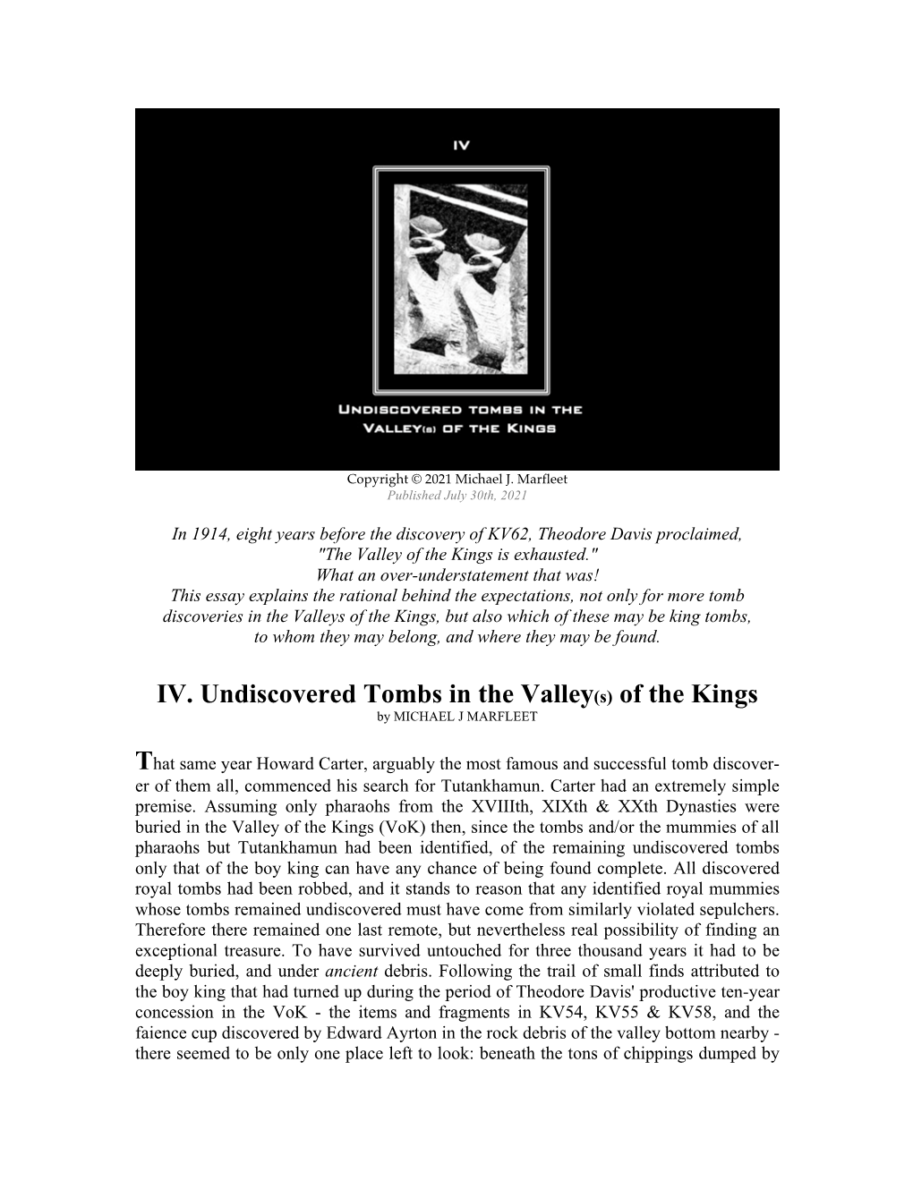IV. Undiscovered Tombs in the Valley(S) of the Kings by MICHAEL J MARFLEET