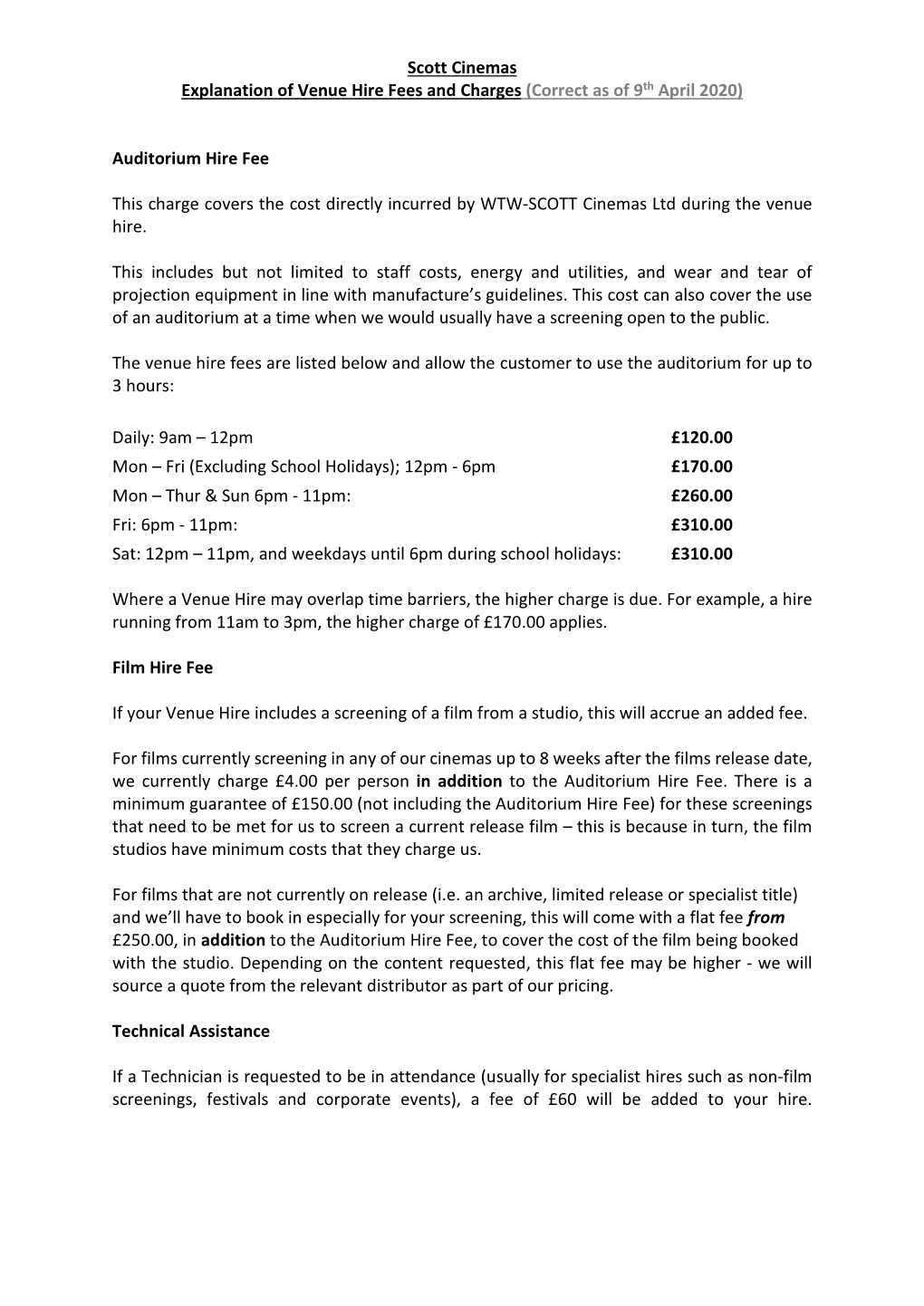 Scott Cinemas Explanation of Venue Hire Fees and Charges (Correct As of 9 Th April 2020)