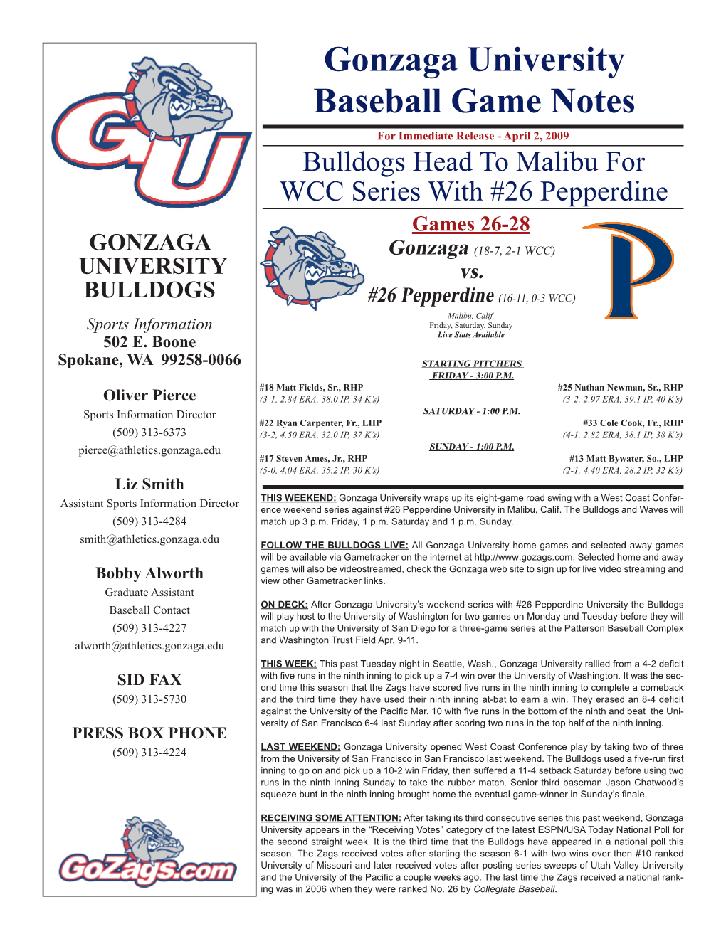 Gonzaga University Baseball Game Notes