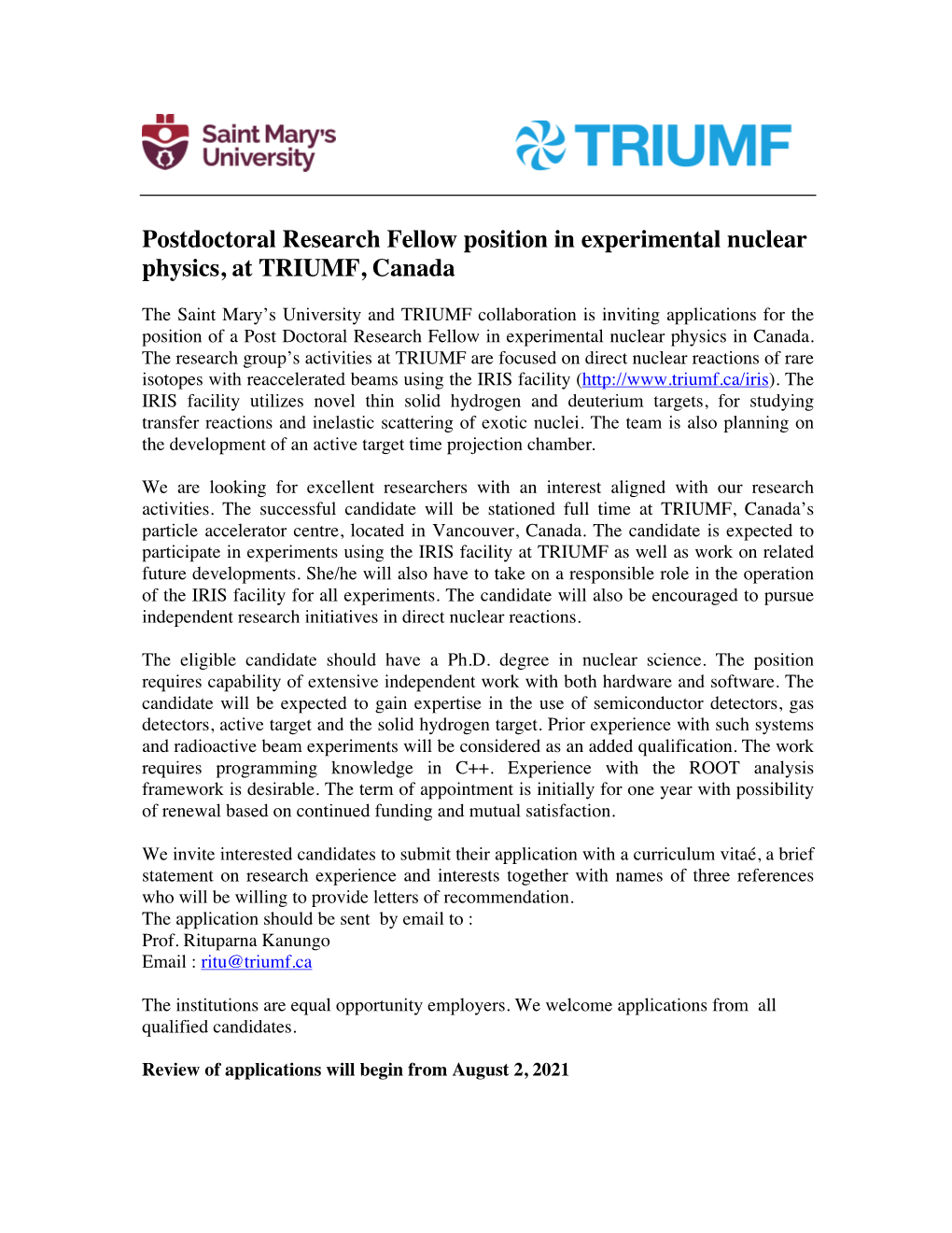 Postdoctoral Research Fellow Position in Experimental Nuclear Physics, at TRIUMF, Canada