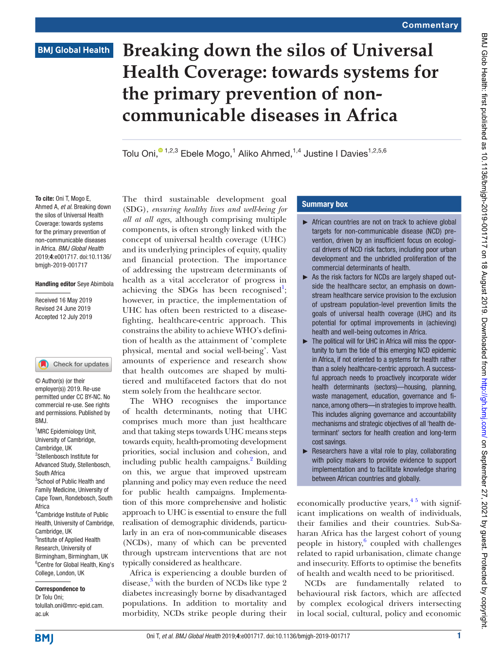 Breaking Down the Silos of Universal Health Coverage: Towards Systems for the Primary Prevention of Non- Communicable Diseases in Africa